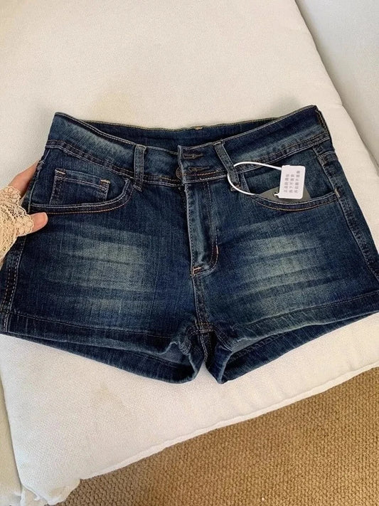 Retro Low Waist Deep Blue Denim Shorts Women Summer Sexy All Match Jean Shorts Pants Girl Hot Vintage Streewear Bottoms
