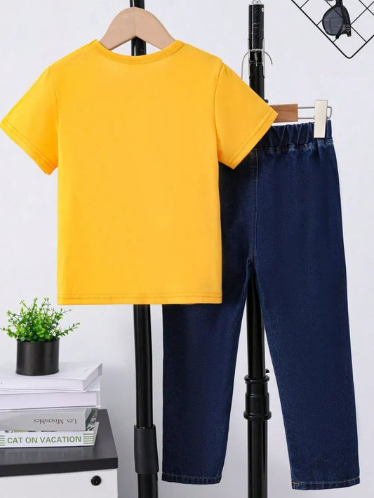 Children's Round Neck Letter Graphic T-Shirt and Distressed Jeans Set - Nikki and Co Boutique