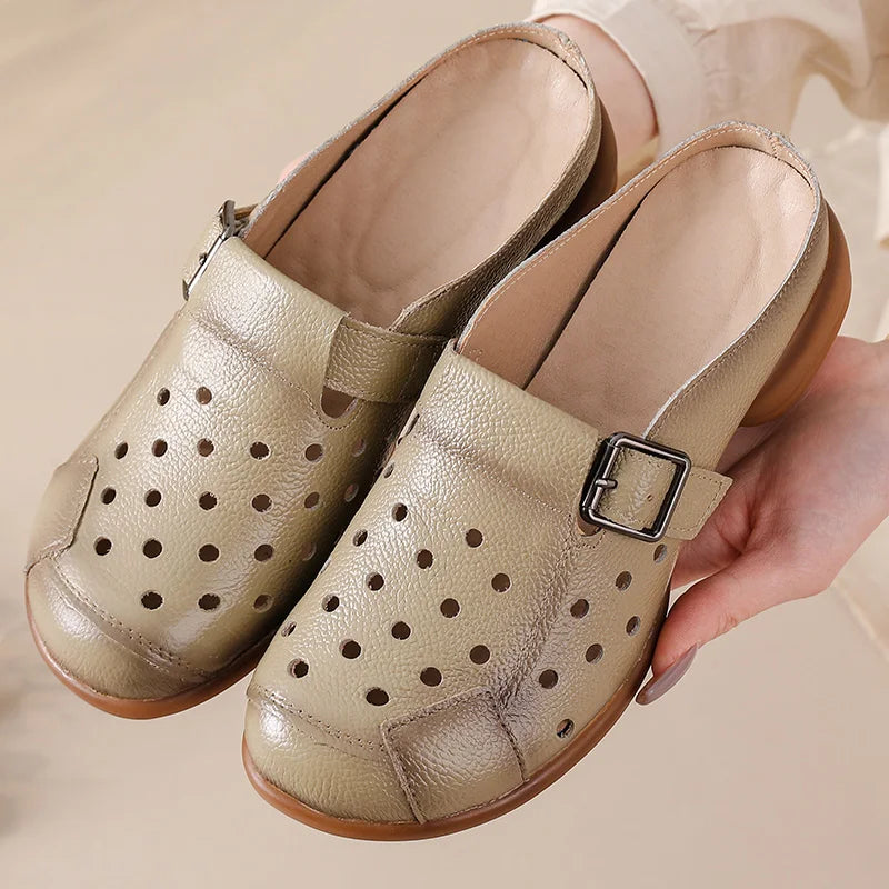 New Cow leather low heel sandals women's hollow out mules shoes woman buckle strap slipper sandals ladies elegant slip on shoes