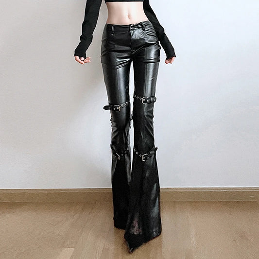 BIIKPIIK Sexy Lace Patchwork Leather Pants Gothic Belts Skinny PU Flare Pants Punk Dark Black Trousers Y2K Retro Autumn Bottoms