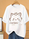 Plus - Size Women's Short - Sleeve T - shirt, Cartoon Cat & “CHERRRY” Print, Cute & Trendy