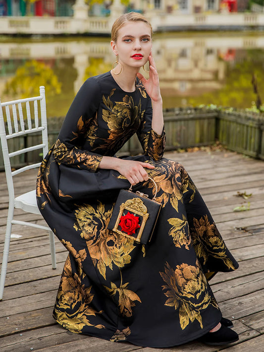 Elegant Female Long Maxi Jacquard Dress Pretty Dresses Women Evening Floral Vintage Ladis Party Fall Winter Clothes