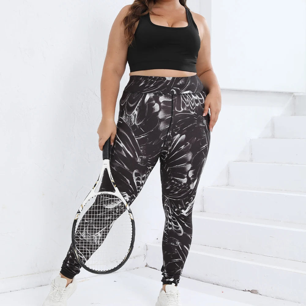 Plus Size High Waist Yoga Leggings for Women Floral Print Fitness Workout Elastic Stretchy Trousers