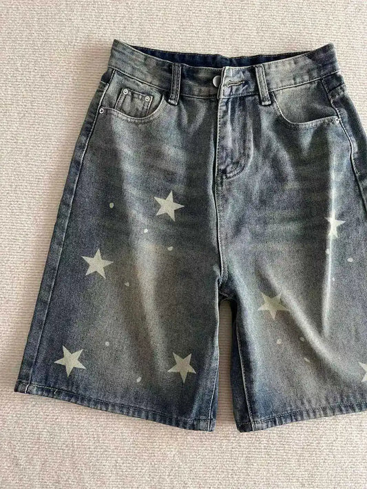 Summer Women 5XL Denim Shorts High Waist Star Pattern Blue shorts American Casual Fashion Female Retro Knee-length Jeans