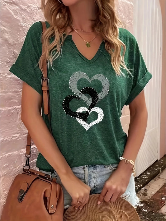 New summer folded sleeve heart print V-neck plus-size short-sleeved T-shirt