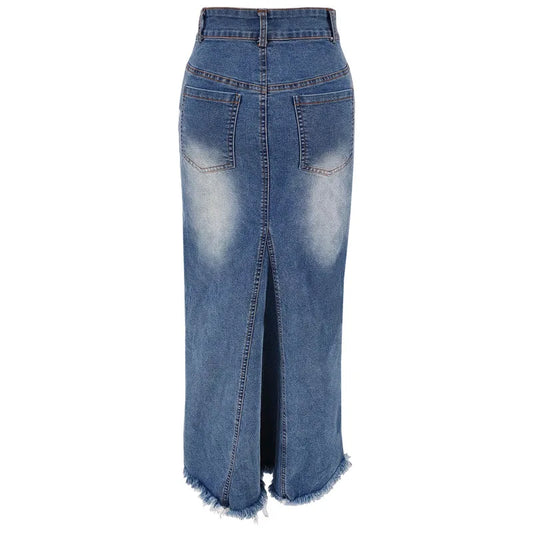 Benuynffy Vintage Hip Wrap Mermaid Hem Denim Skirt Women's Spring Summer High Waist Y2k Casual Raw Hem Jean Long Skirts
