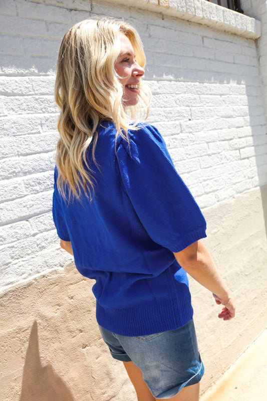 Patriotic USA Blue Knit Embroidery Puff Sleeve Sweater Top