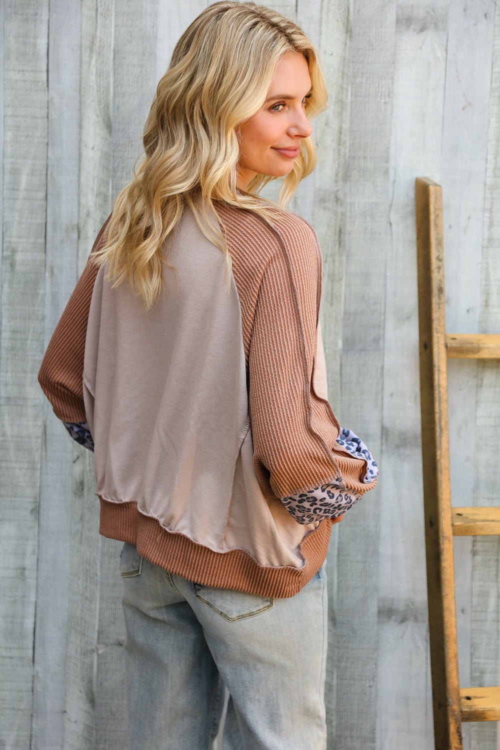 Lock Eyes Taupe & Animal Print Dolman Colorblock Terry Top - Nikki & Co. Boutique