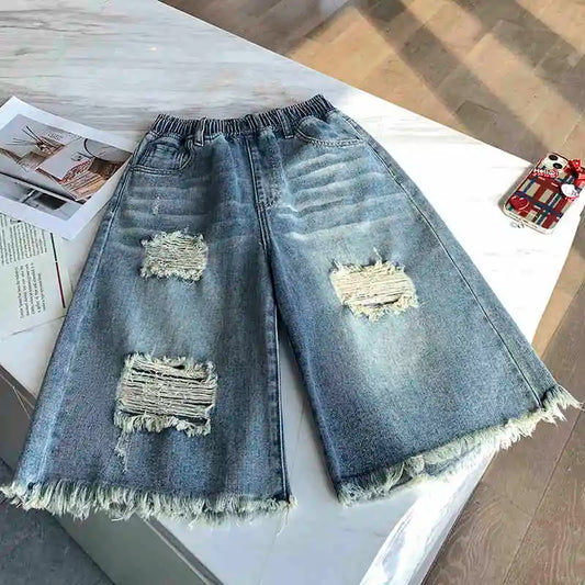 High Waist Plus Size Women's Ripped Shorts Summer Loose Solid Color Wideleg Pants Street Style Simple All Match Jeans
