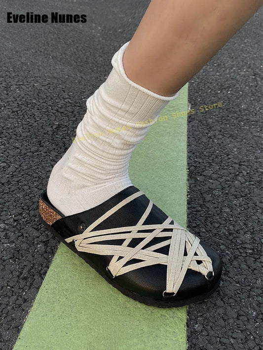 Cross Tied Back Strap Fashion Mules Round Toe Thick Sole Slip On Street Style Couple Casuals Slippers Summer New Arrivals