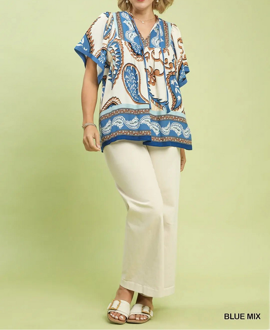 Mix Paisley Border Print Tassel Top (NP) - Plus, Blue Mix - Nikki and Co Boutique
