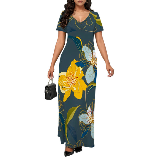 Women's Multicolor Floral Print Maxi Dress Short Sleeve V Neck Long Dress Casual Summer Beach Holiday Wear