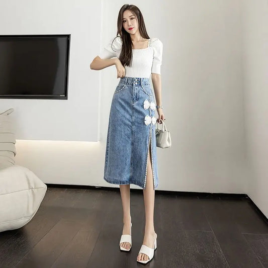 Woman Denim Skirt with Slit Midi Bow High Waist Jeans Skirts for Women Y2k Vintage Clothing Sales New in Luxury Elegant Chic
