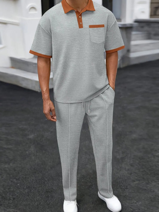 Men's Full Size Waffle - Knit Contrast Polo and Pants Set Plus Size - Nikki and Co Boutique