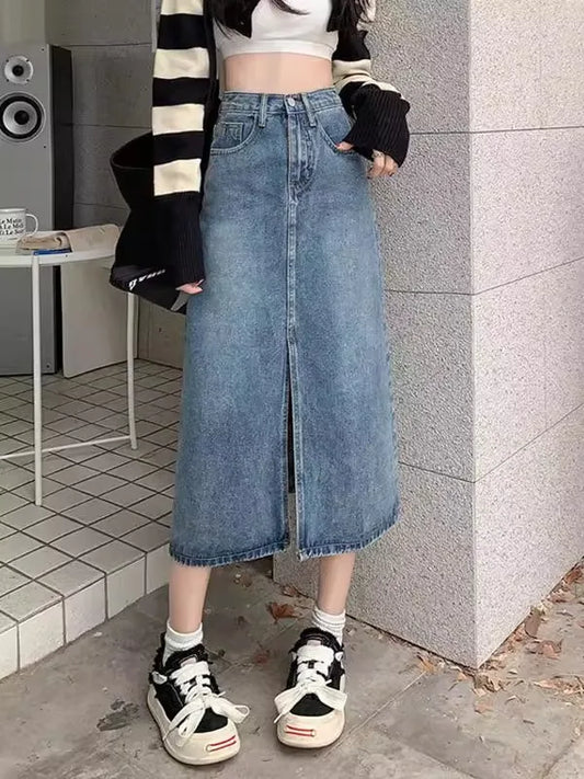 Summer New High-Waist Slit Denim Skirt for Women Washed Retro A-Line Skirt Hip Covering Straight Long Skirt