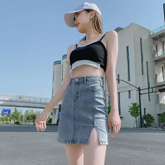 Short Female Jeans Skirts Blue with Slit High Waist Women's Denim Skirt Clothing Sales Casual Harajuku Cheap Aesthetic New In