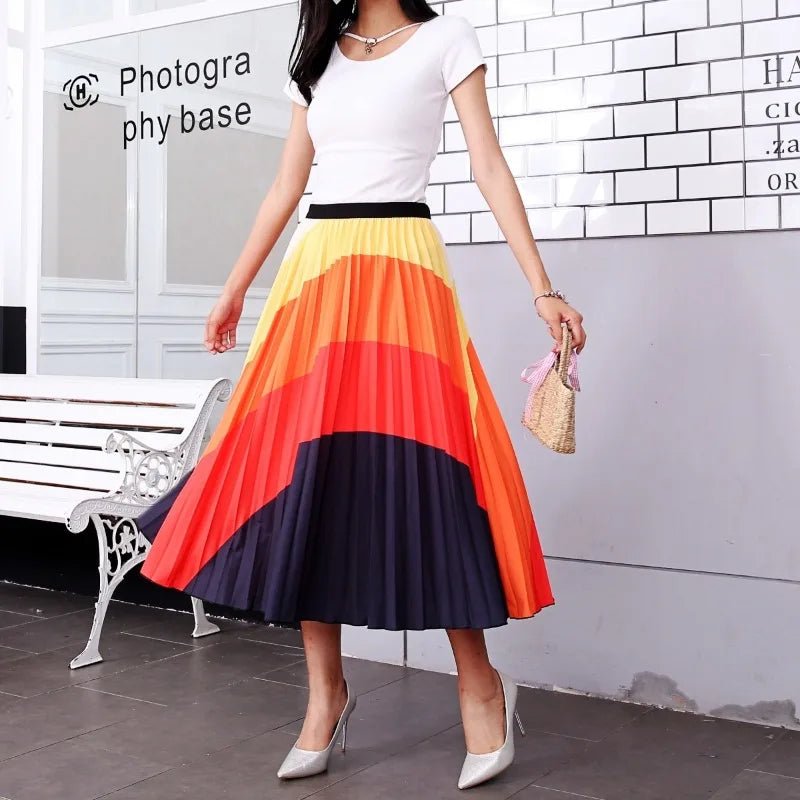 Cartoon Print Pleated Women Long Skirts High Waist A-Line Elastic Blue Pink Skirt For Ladies Summer Casual Female Bottoms Skirts