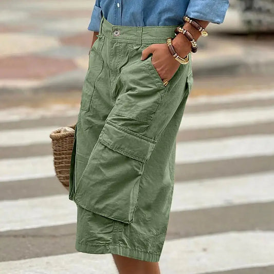 Women Cropped Pants Mid-Waist Design Straight Wide Leg Casual Trousers With Pockets Casual Loose Fit Summer Breathable Pants