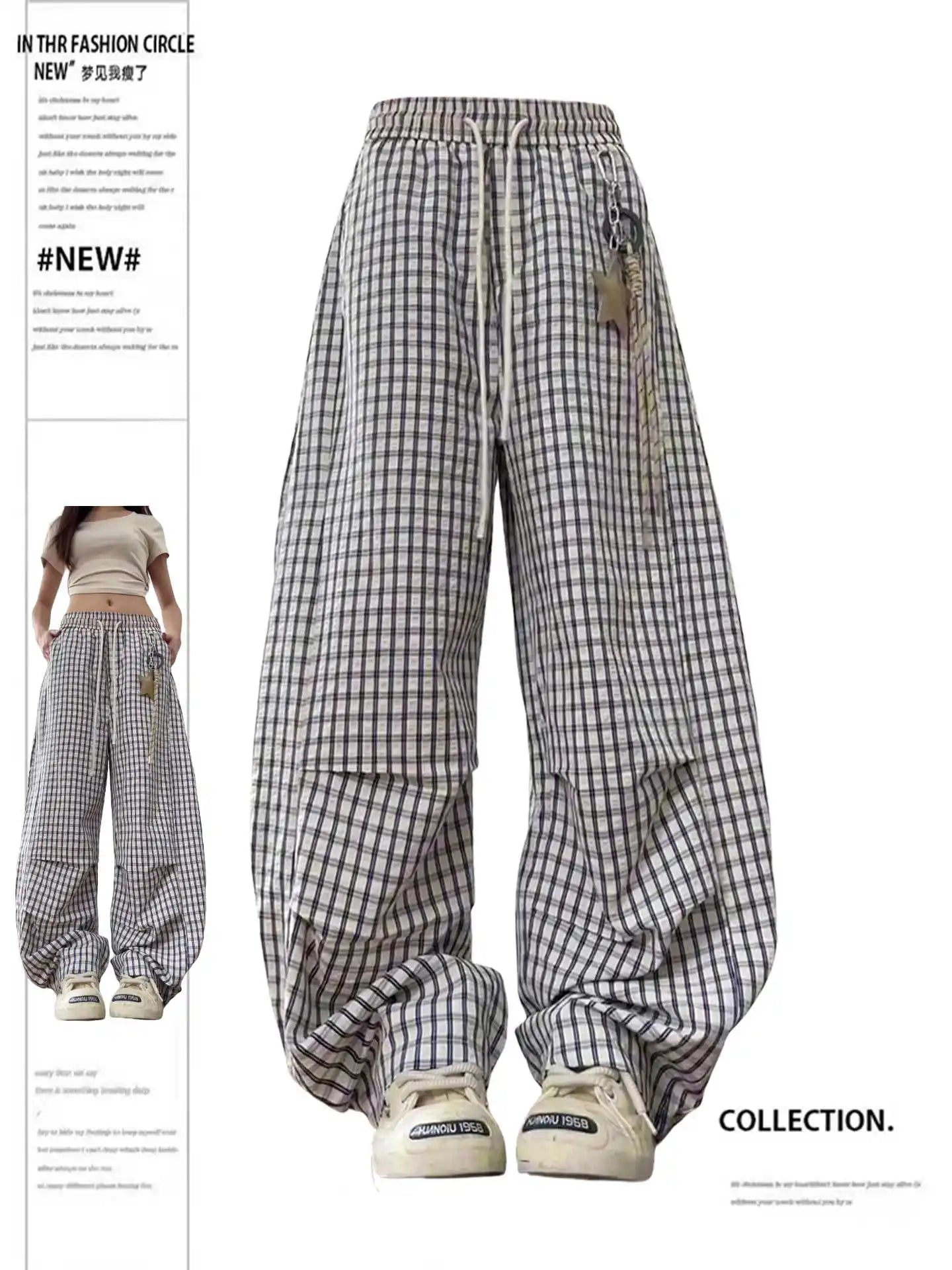 Women Y2k Baggy Plaid Pants Harajuku Long Pants with Elastic Band Japanese Style Sweatpants Vintage Trousers Clothes