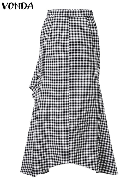 Plus Size 5XL VONDA Women Skirts Casual Waistband Split Asymmetric Skirts Elegant Plaid Overskirts Ruffled Office Bottom