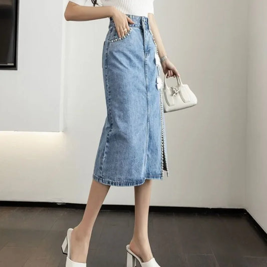 High Waist Women's Denim Skirt To Knees Length Quality Casual Streetwear Korean Fashion Summer New In Female Jeans Skirts