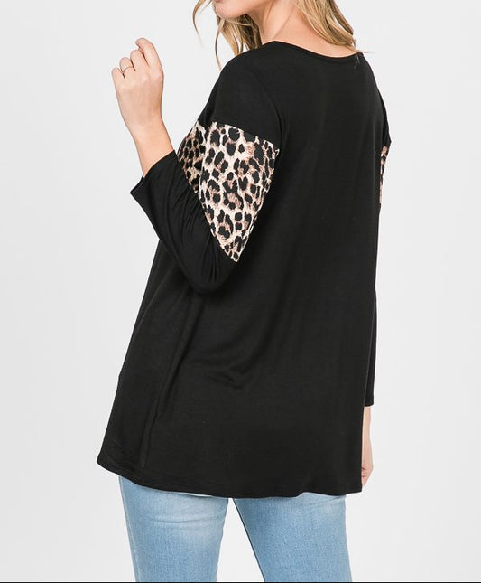 Heimish - (NP) Three Quarter Length Sleeve, Black and Leopard Print Top