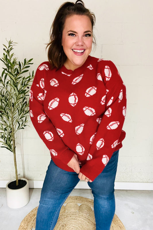 Game Day Red Football Print Jacquard Knit Sweater - Nikki and Co Boutique