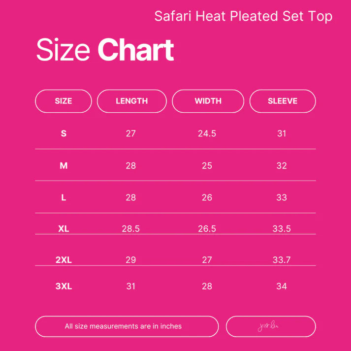 Size chart for Safari Heat Pleated Set Top on a pink background