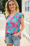 Flower Power Blue V Neck Flutter Sleeve Woven Blouse