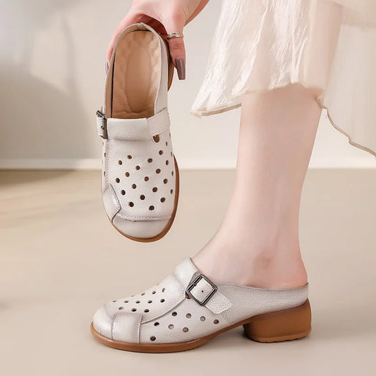 New Cow leather low heel sandals women's hollow out mules shoes woman buckle strap slipper sandals ladies elegant slip on shoes
