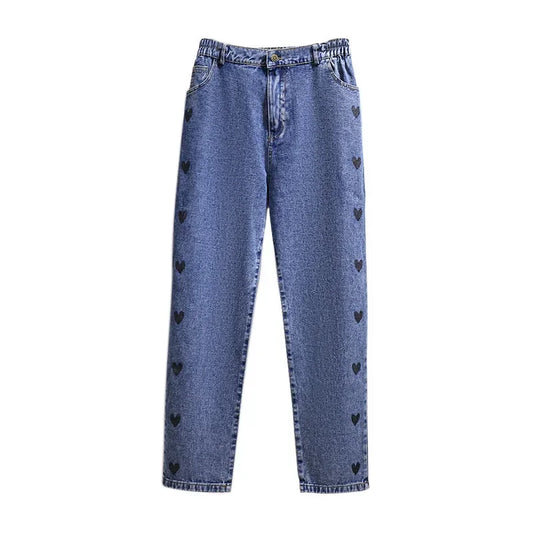 Love Heart Denim Pants Women High Waist Washed Jeans Pocket Spring Summer Casual Trousers Baggy Work Jean Women Vintage