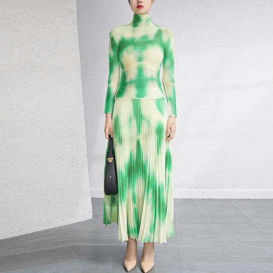 Miyake Fashion Suit Dress Spring and Summer New Pleated Stretch T-shirt Big Size Half Skirt 2-piece Set