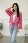 Beautiful You Fuchsia Crochet Front Tie Bell Sleeve Cardigan