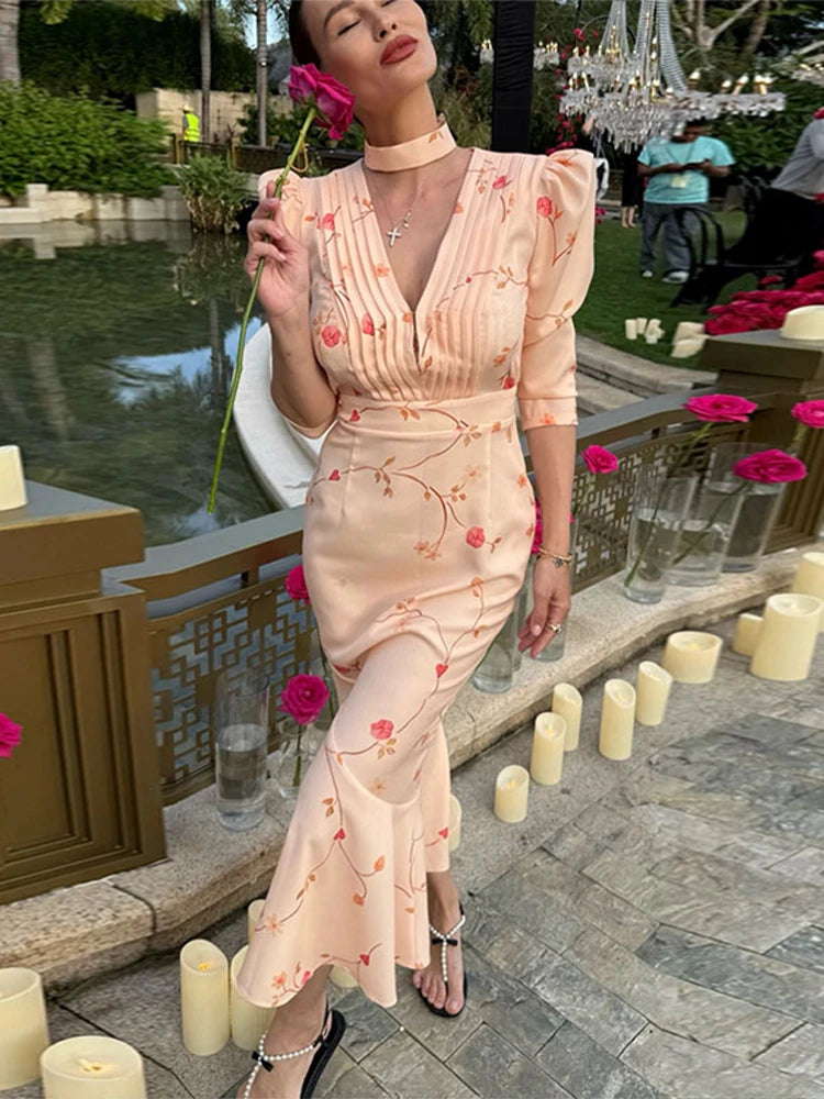 Print Deep V Shoulder Pad Long Dress Elegant Short Sleeve Waist Cinching Sheath Party Dresses