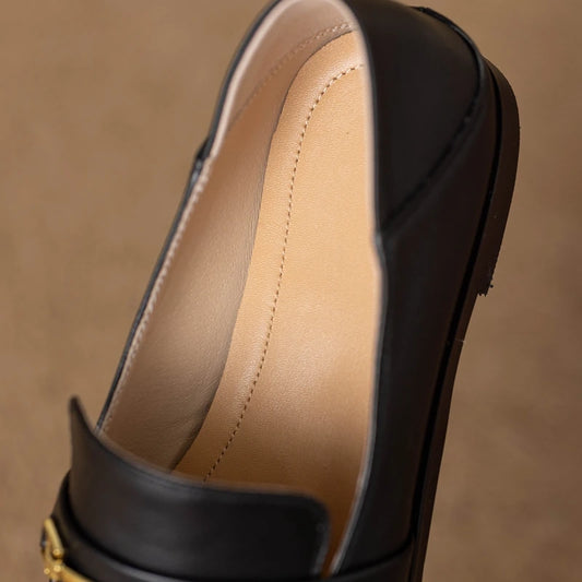 Women's new leather, cowhide, metal accessories, round toe, low heel, comfortable, plus size single shoes, casual shoes