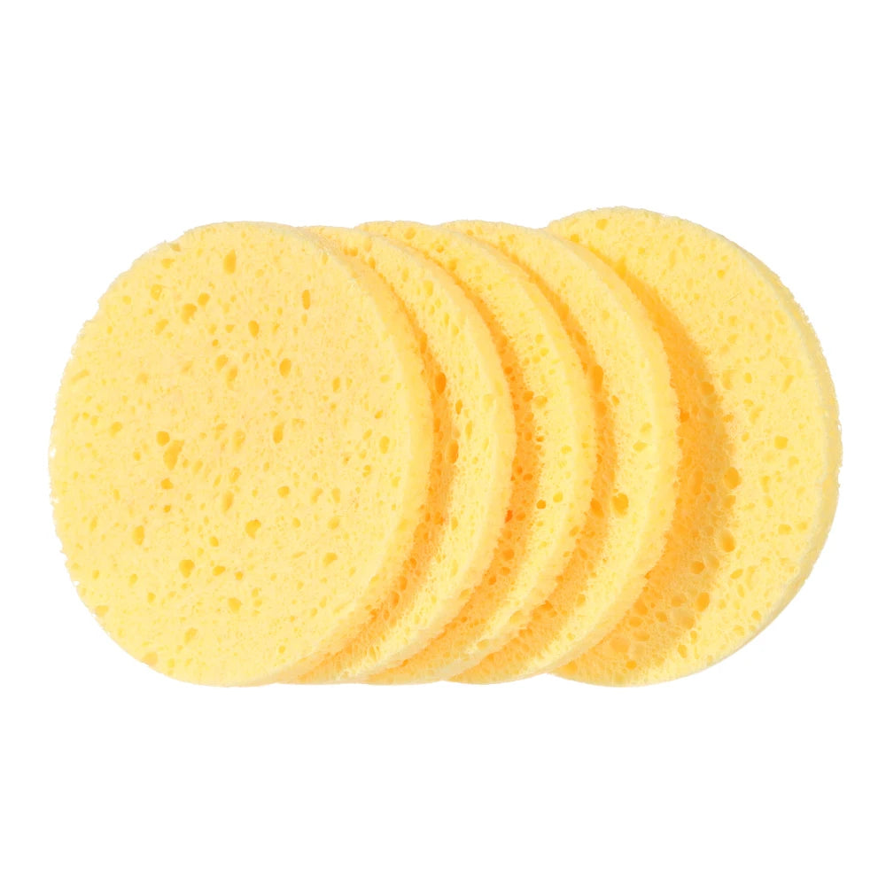 10 pcs 6-9cm Yellow Face Round Makeup Remover Tool, Wood Sponge Cellulose Cosmetic Puff, Cleansing Sponge, Facial Washing Sponge
