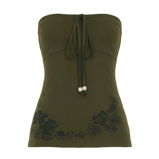 Causal Holiday Style Women Straps Tops Backless Bow Lace Up Slim Flower Prints Fashion Trendy Blouses