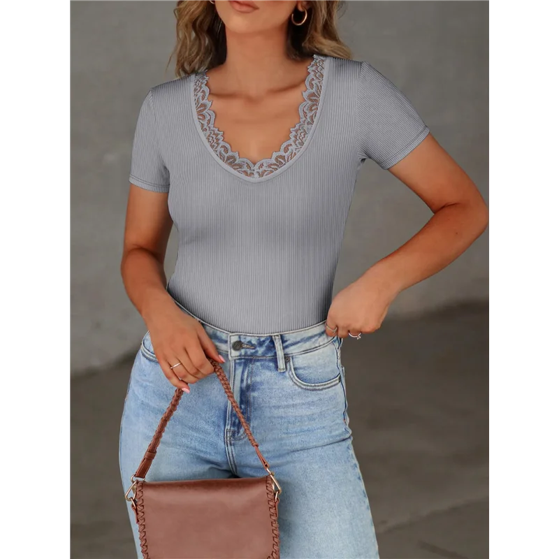 ASDS-Women Short Sleeve Lace V Neck Shirts Ribbed Knit Fitted Business Dressy Casual Summer Blouses T-Shirt