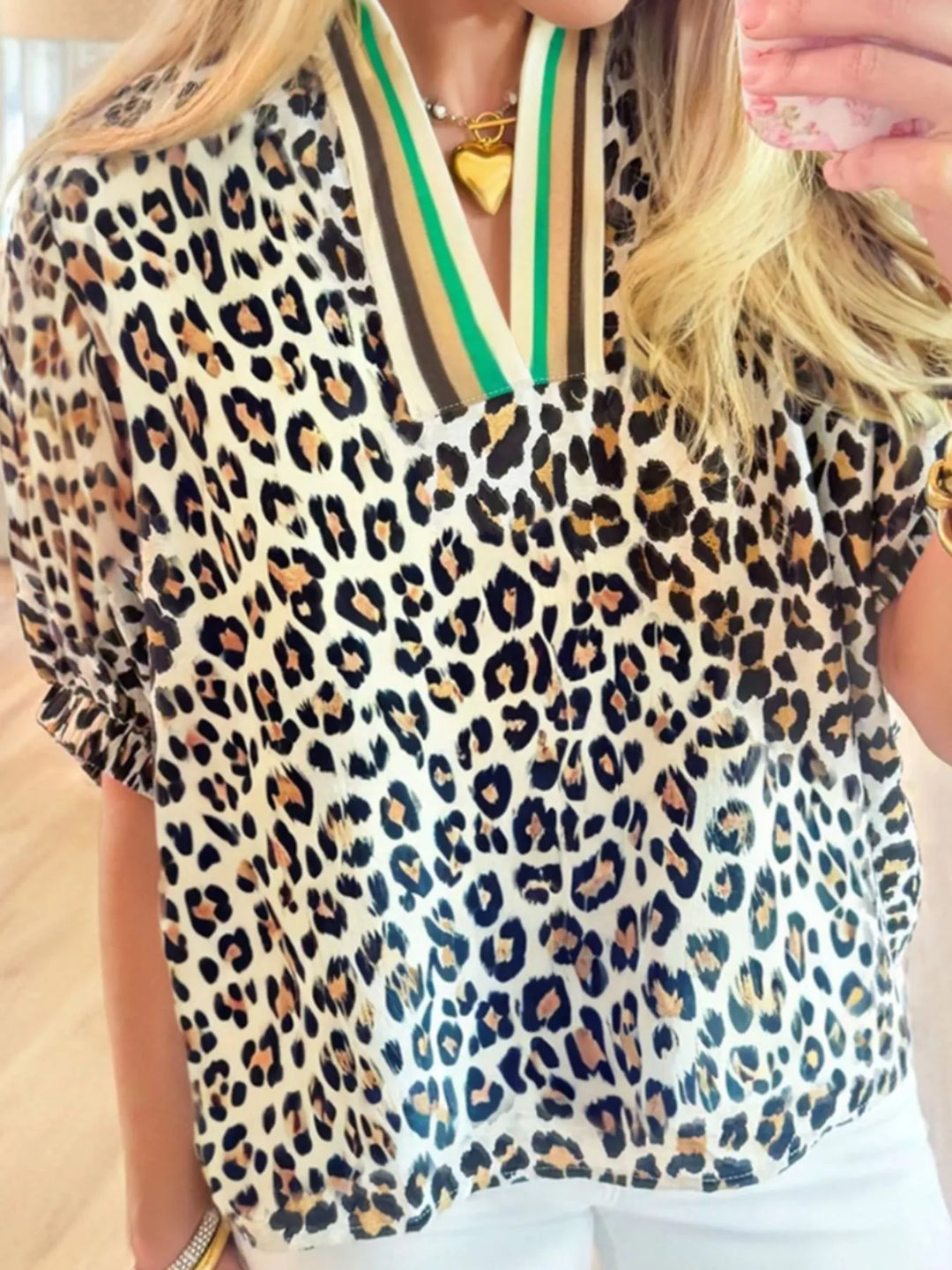Leopard Print Notched Blouse with Striped Trim - Nikki &amp; Co. Boutique
