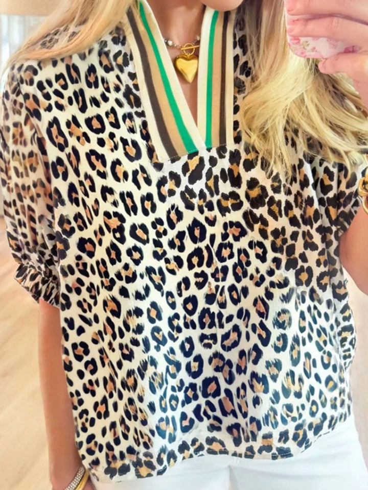 Leopard Print Notched Blouse with Striped Trim - Nikki &amp; Co. Boutique