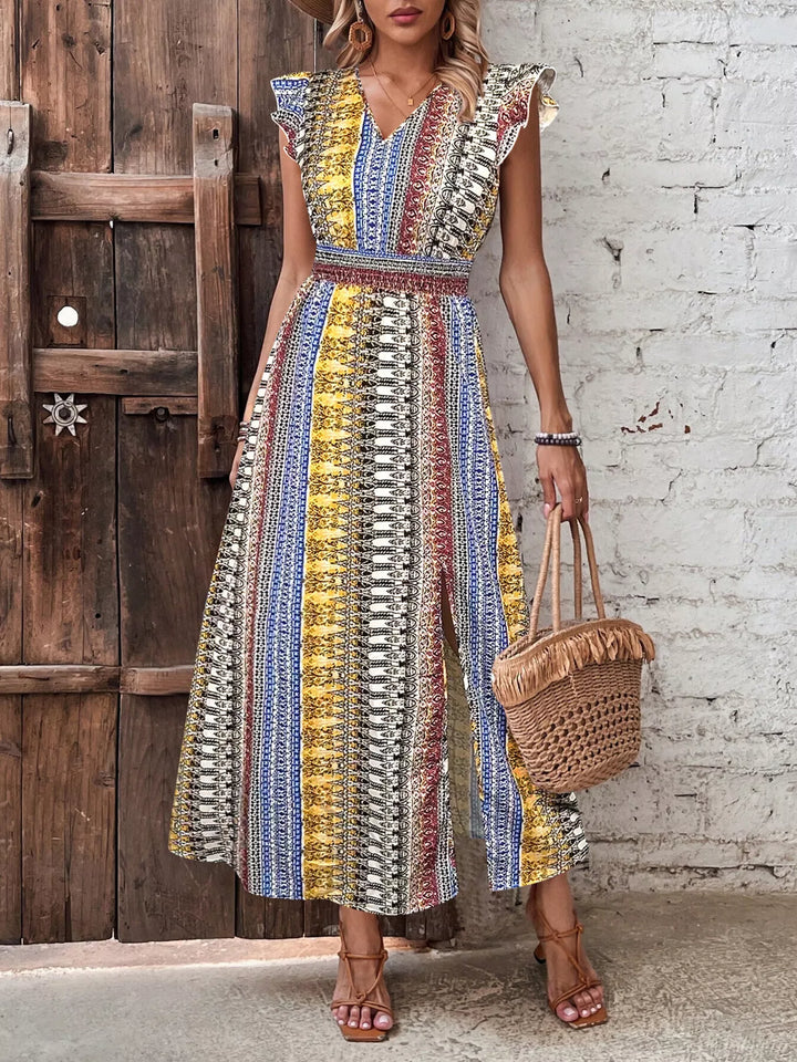 Boho Print Ruffle Sleeve Slit Dress - Nikki &amp; Co. Boutique