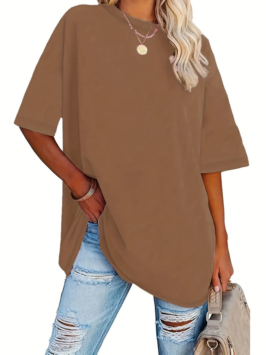 Women's Plus Size Crew Neck Solid T-Shirt Summer Female Basic Soft Tees Women Casual Round Neck Short Sleeved Tops