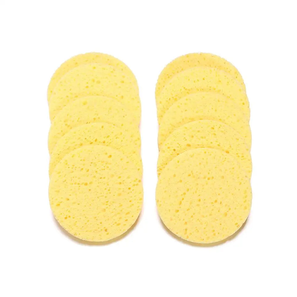 10 pcs 6-9cm Yellow Face Round Makeup Remover Tool, Wood Sponge Cellulose Cosmetic Puff, Cleansing Sponge, Facial Washing Sponge