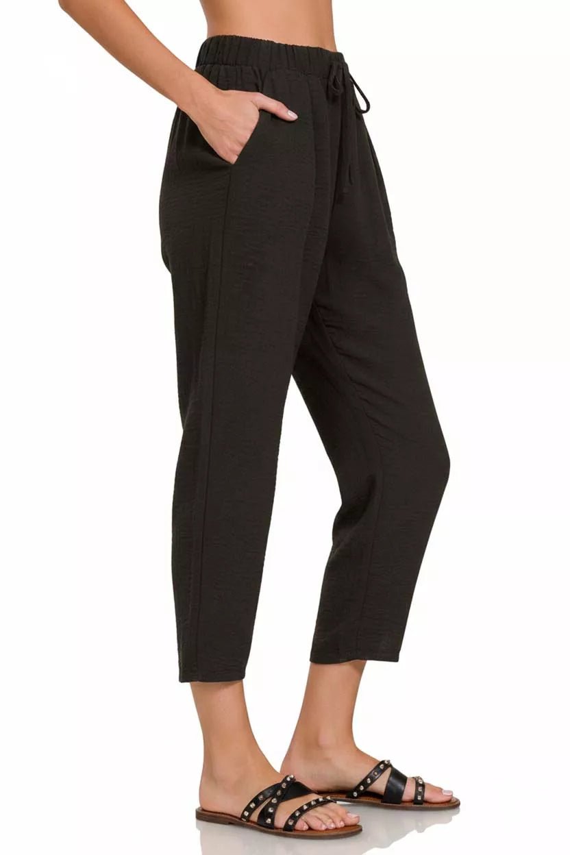 Zenana Woven Crepe Elastic Band Waist Pants - Nikki &amp; Co. Boutique