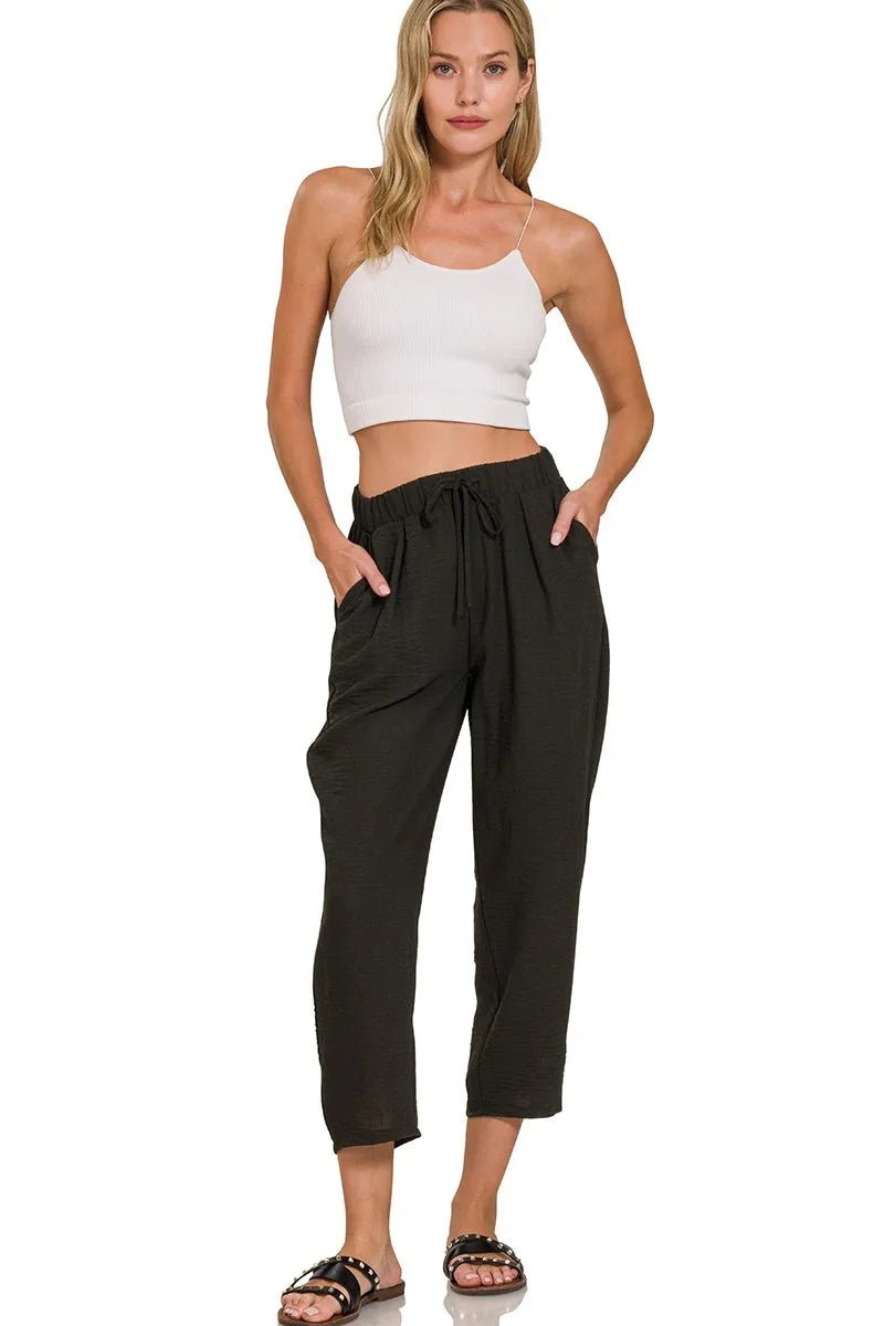 Zenana Woven Crepe Elastic Band Waist Pants - Nikki & Co. Boutique