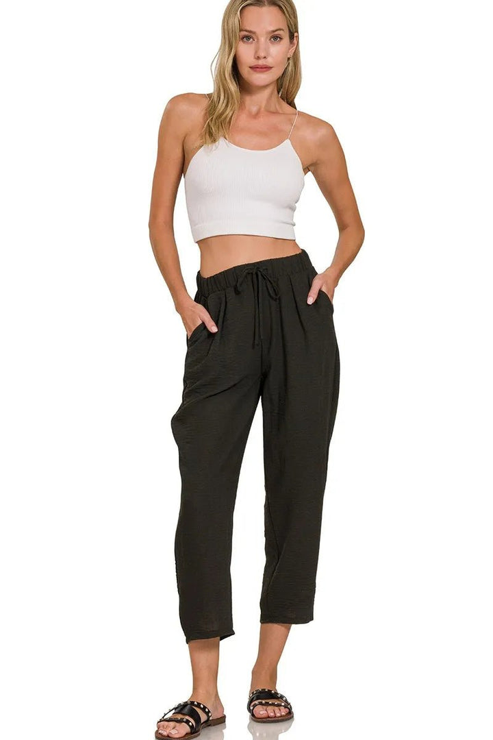 Zenana Woven Crepe Elastic Band Waist Pants - Nikki &amp; Co. Boutique