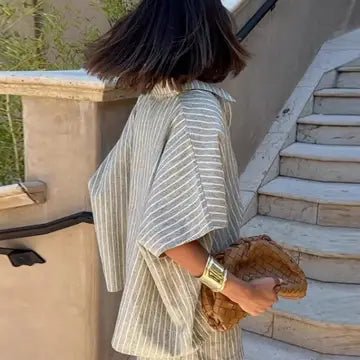 Oversized Boxy Shorts Sleeve and Shorts Sets (NP) - Gray Striped | Nikki &amp; Co. Boutique