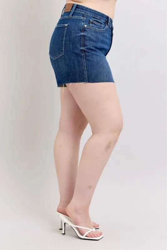 Judy Blue Full Size High Waist Criss - Cross Waistband Denim Shorts in Dark Wash - Nikki &amp; Co. Boutique