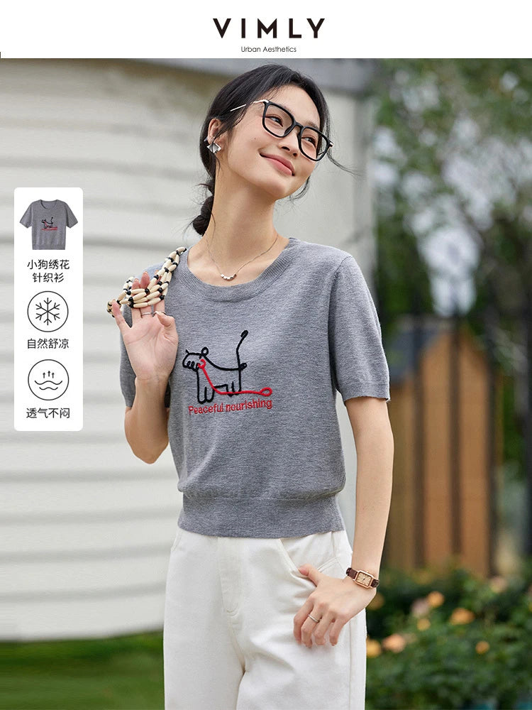 VIMLY Women's Summer Knit Tops Knitwear Fun Puppy Embroidered Short Sleeve T-Shirt Casual Crew Neck Knitted Sweater 75021