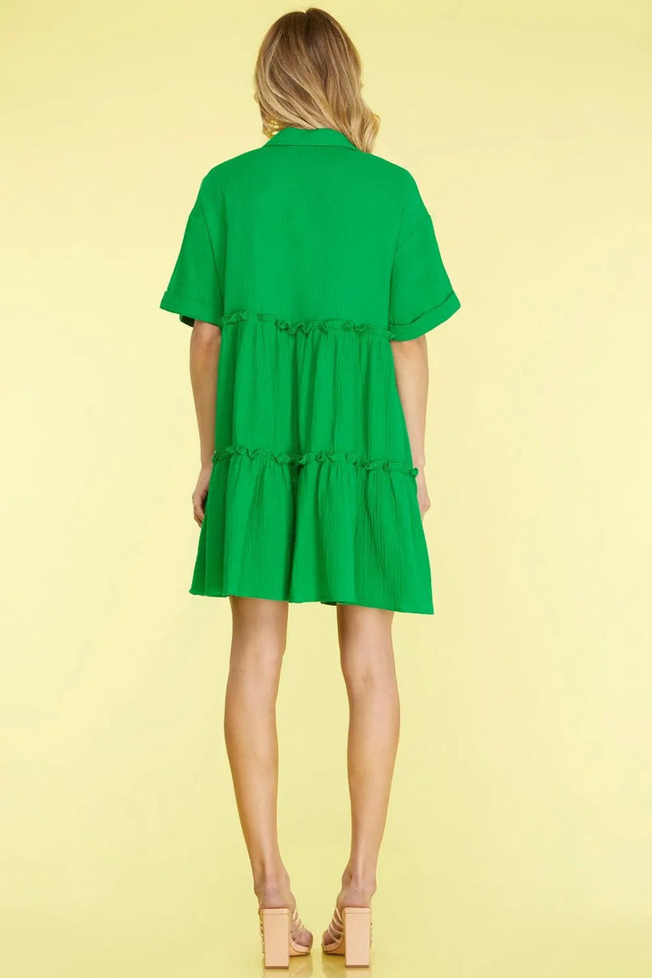 She + Sky Full Size Button Front Frill Tiered Mini Dress Plus Size - Nikki &amp; Co. Boutique